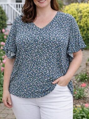 ☀️ JNY Jones New York Floral V-Neck Top Blue Green White Ruffle Sleeve 1x NWT